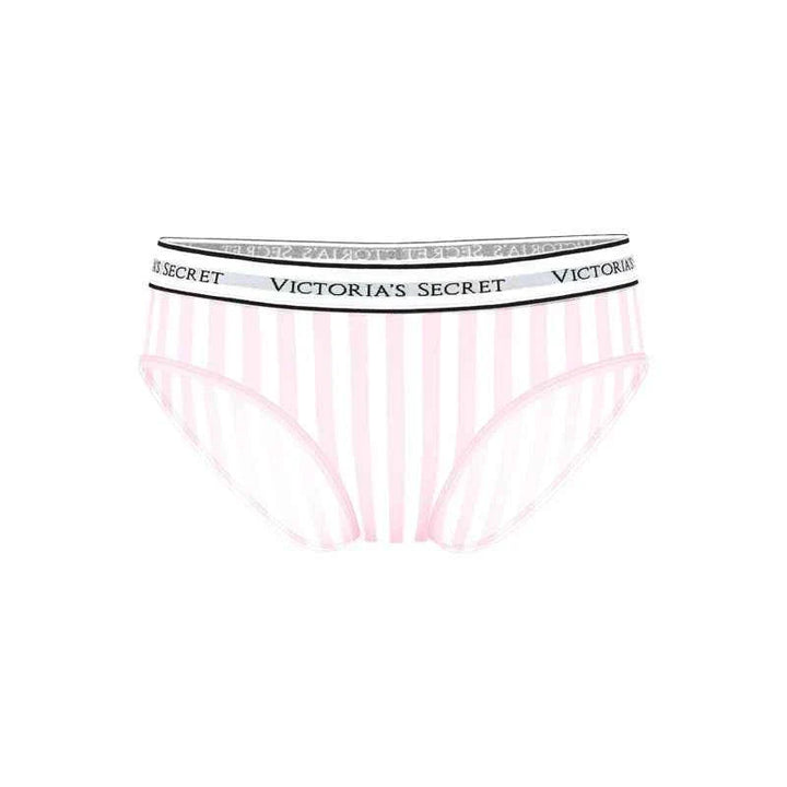 سروال داخلي نسائي مريح من القطن بخطوط وردية وشعار Victoria's Secret على الخصر