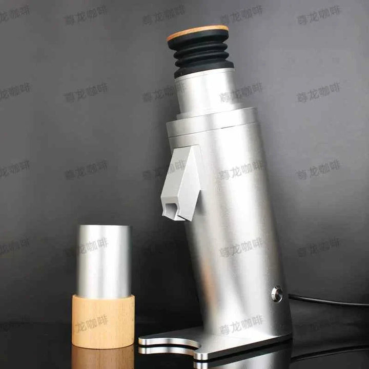 Silver and black DF64 V electric coffee grinder with wooden base and magnetic lid, sleek CNC-cut metal design for precise and quiet coffee grinding.
