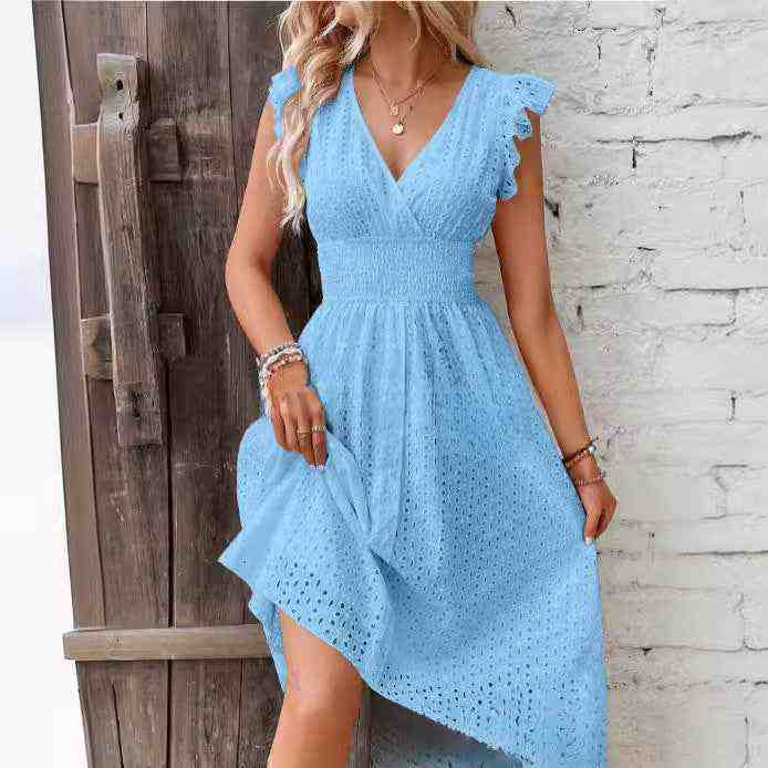 Elegant blue V-neck plus-size dress with ruffle sleeves.