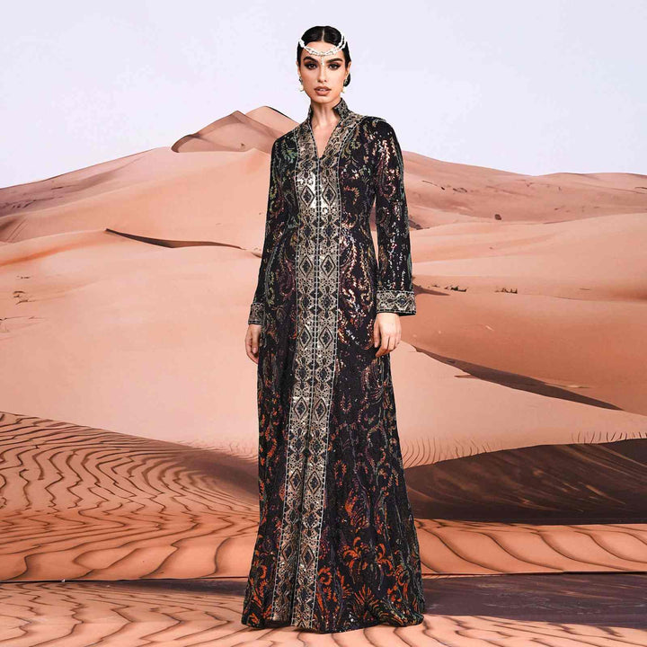 Elegant black kaftan adorned with gold and copper sequins, ideal for royal occasions.