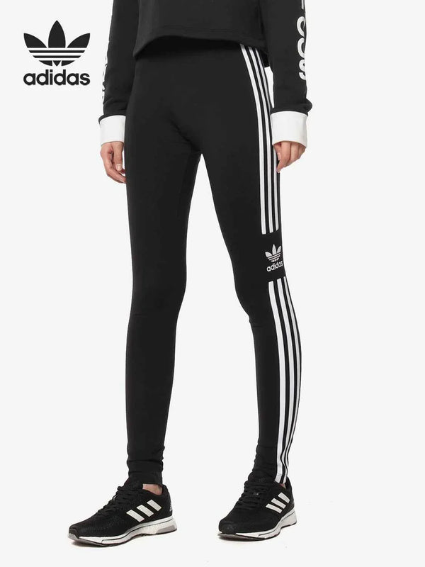 أديداس Black Adidas leggings with classic three white stripes and original Adidas logo, stretchy and comfortable fit for sports and casual wear.