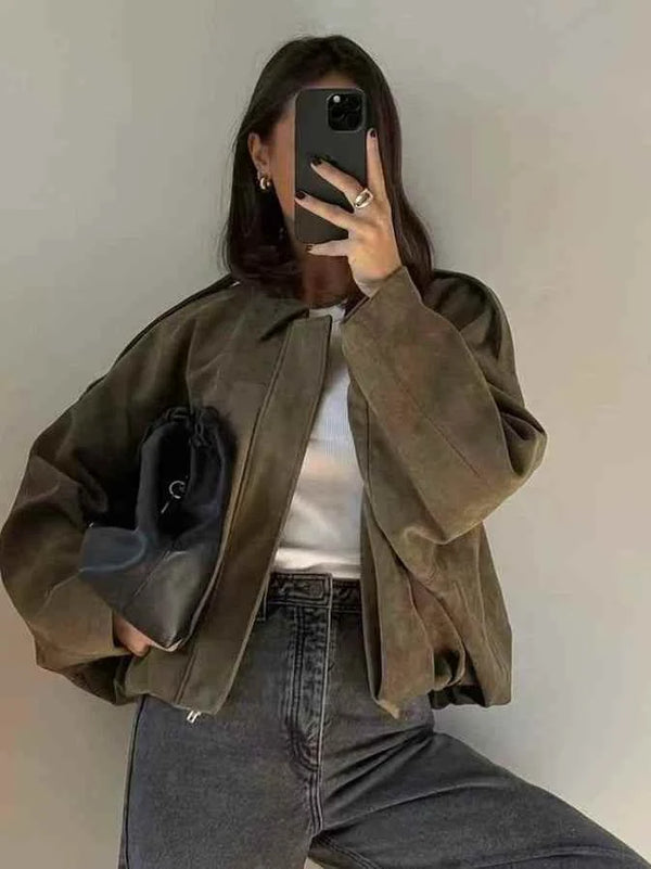 جاكيت بومبر نسائي بكم دولمان بني من زمكس للربيع بتأثير الشامواه