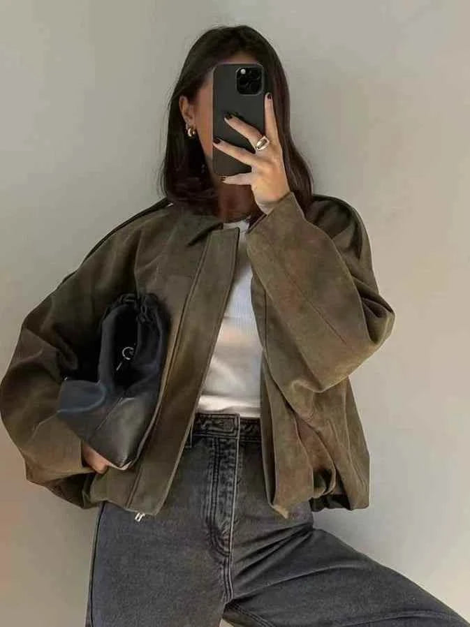 جاكيت بومبر نسائي بكم دولمان بني من زمكس للربيع بتأثير الشامواه