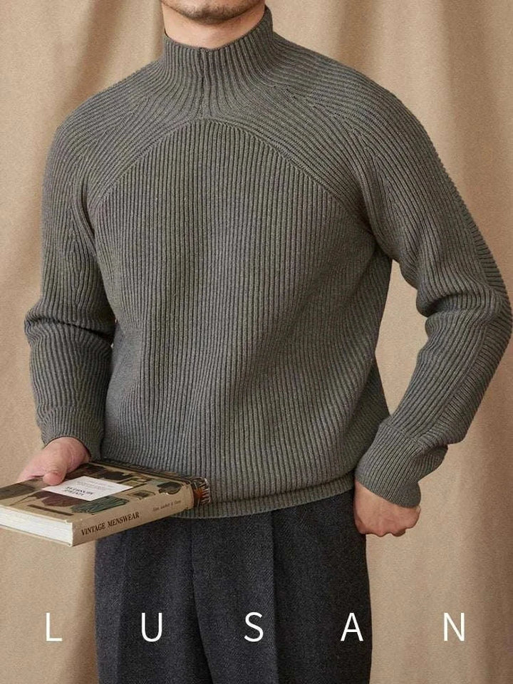 Mr. Lu San pullover sweater knitted with ribbed texture and short collar in khaki color for casual and formal wear