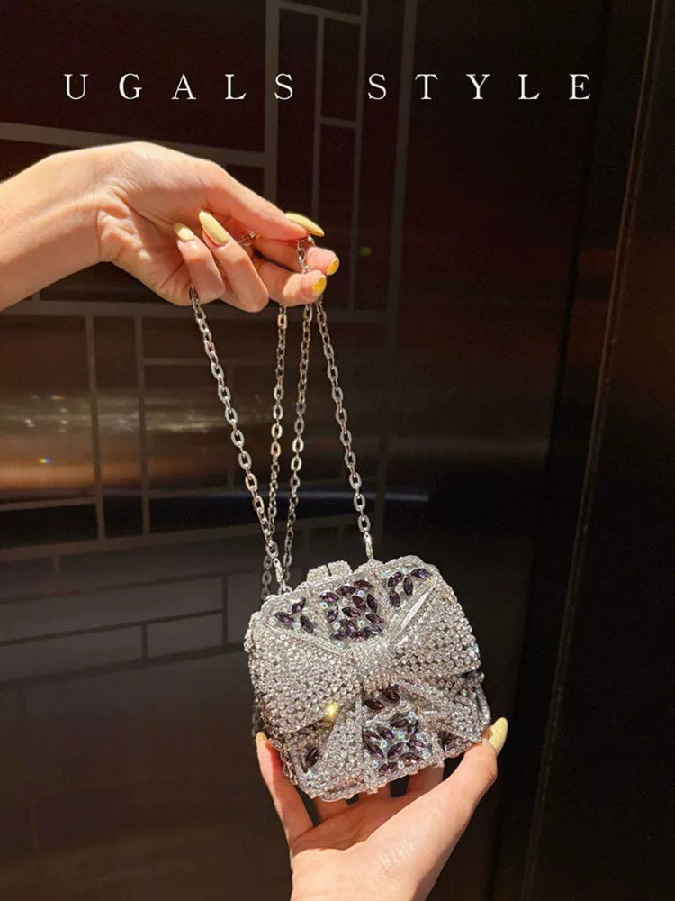 UGALS heavy industry bow versatile full of rhinestones shiny mini banquet change key clutch crossbody box bag