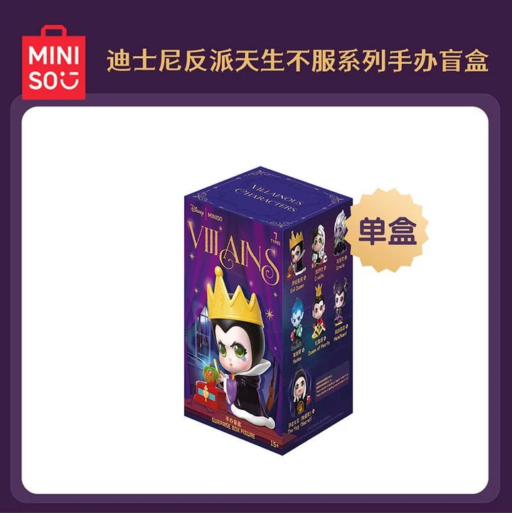 Disney Villains Blind Box by MINISO featuring iconic villain figurines including Evil Queen and Maleficent in a collectible package.