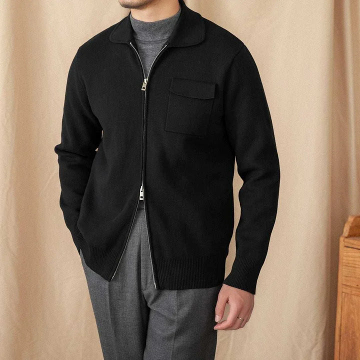 Mr. Lu San's slim British light cardigan jacket in black with zip and chest pocket