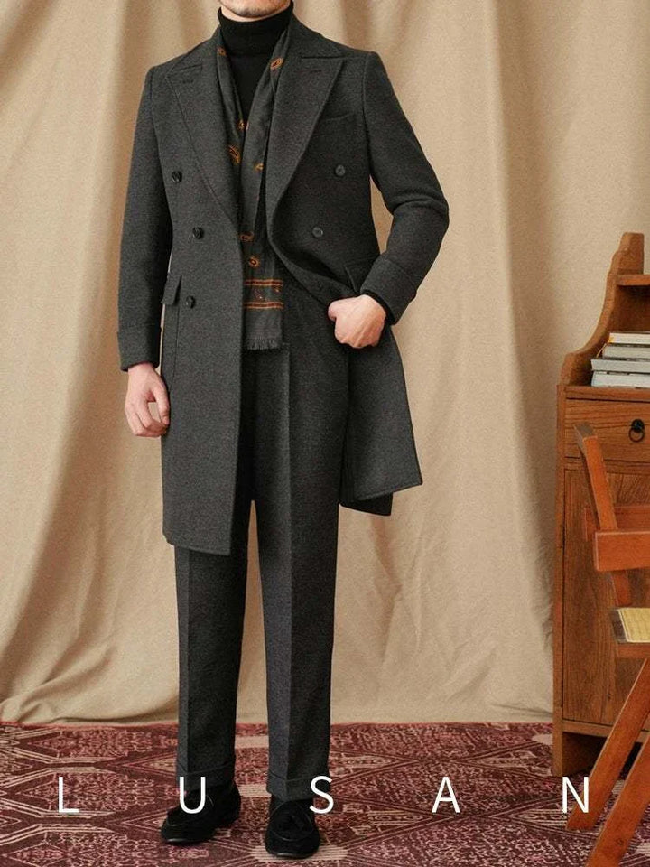 Mr. Lusan autumn كوت coat dark gray double-breasted herringbone design warm lined formal casual men's coat