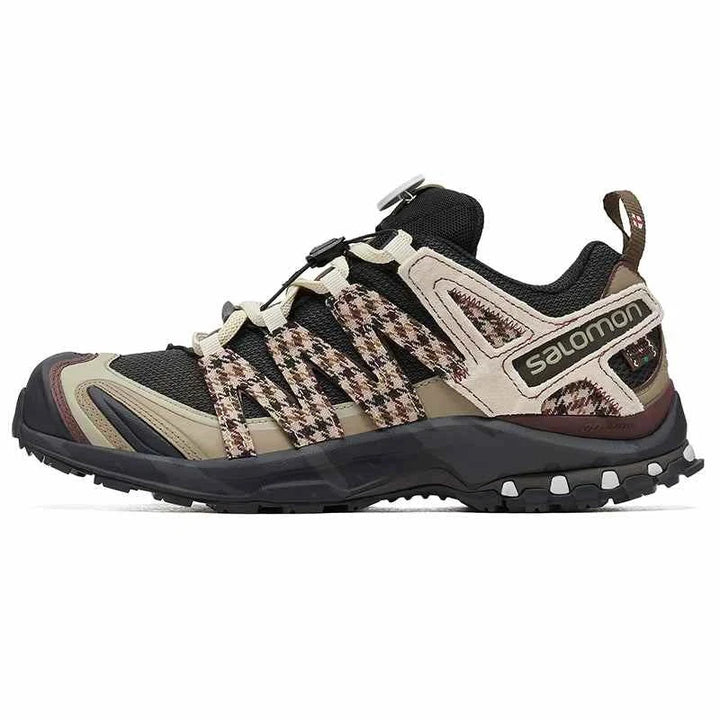 Salomon XA Pro 3D PandaPrank Limited Edition hiking shoe with houndstooth design in beige, brown, and black colors.