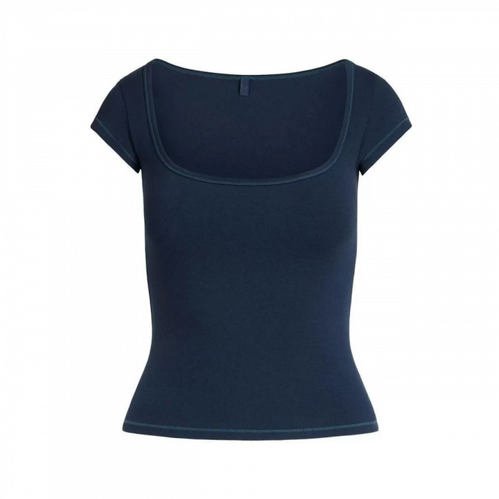 Navy blue SKIMS توب برقبة square neck short sleeve fitted tee shirt