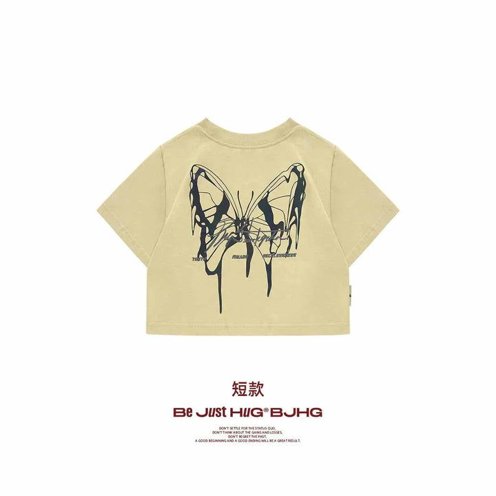 Beige reflective butterfly print youth t-shirt with modern street style design