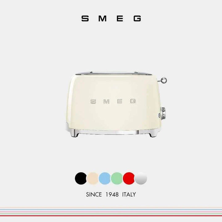 Creamy SMEG Italian bread toaster with retro design and wide slots for thick bread, featuring 6 heat settings and easy-to-clean stainless steel crumb tray.