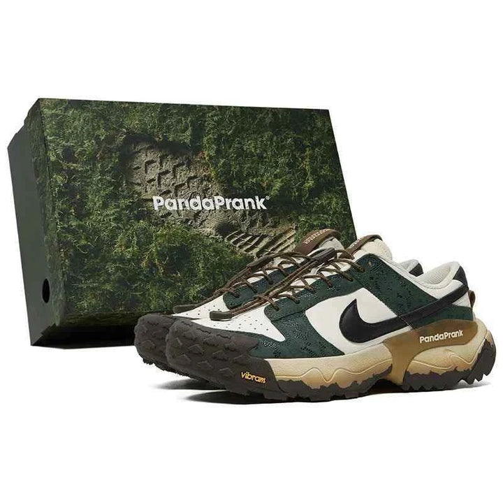 Nike × PandaPrank outdoor trekking sneakers with Vibram soles and Quicklace system, rugged and stylish design.