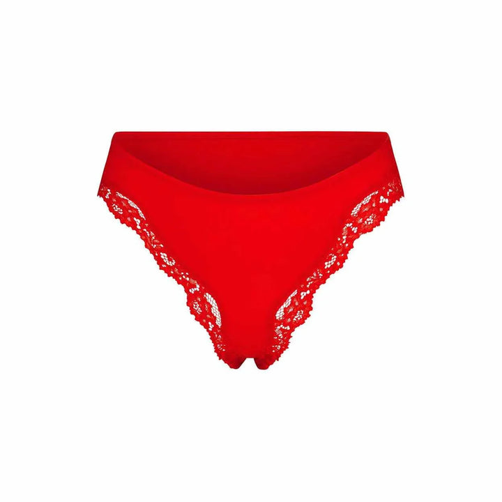 Red SKIMS FITS EVERYBODY lace dipped thong with soft, breathable polyamide and elegant lace trim