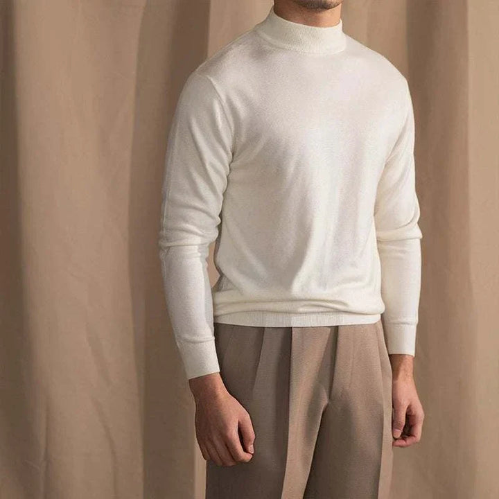 Mr. Lu San's 30% wool slim fit half-high neck sweater in beige with long sleeves and ribbed cuffs