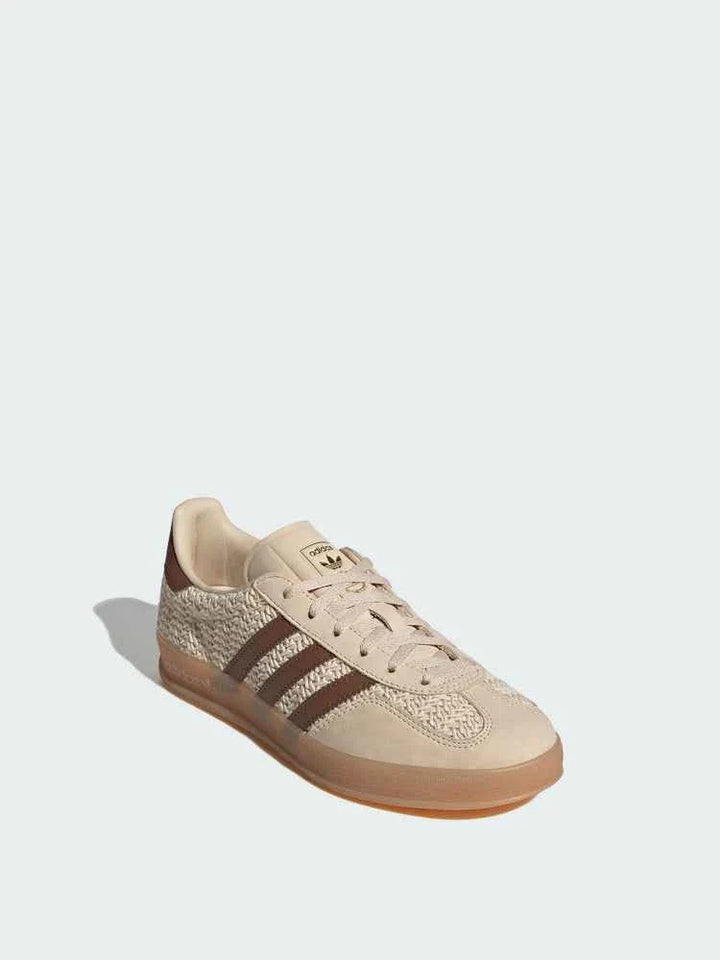 adidas Originals Gazelle Indoor shoe in beige and brown with honey-colored translucent sole and classic three stripes design