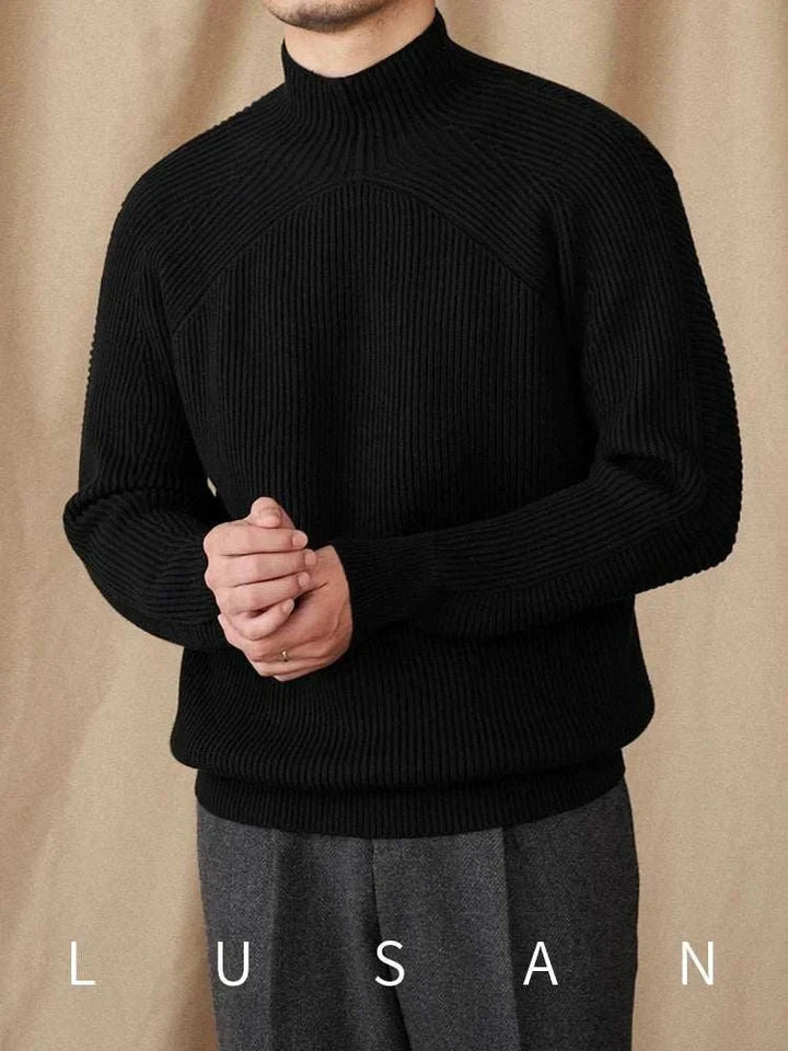 Mr. Lu San pullover sweater black ribbed knit elegant design with short neck and long sleeves