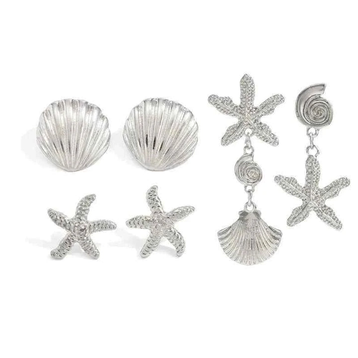 طقم أقراط نسائية صغيرة بتصميم زهرة ونجمة وstarfish بأسلوب أوربي وأمريكي لعطلات 2025 أنيق وعصري