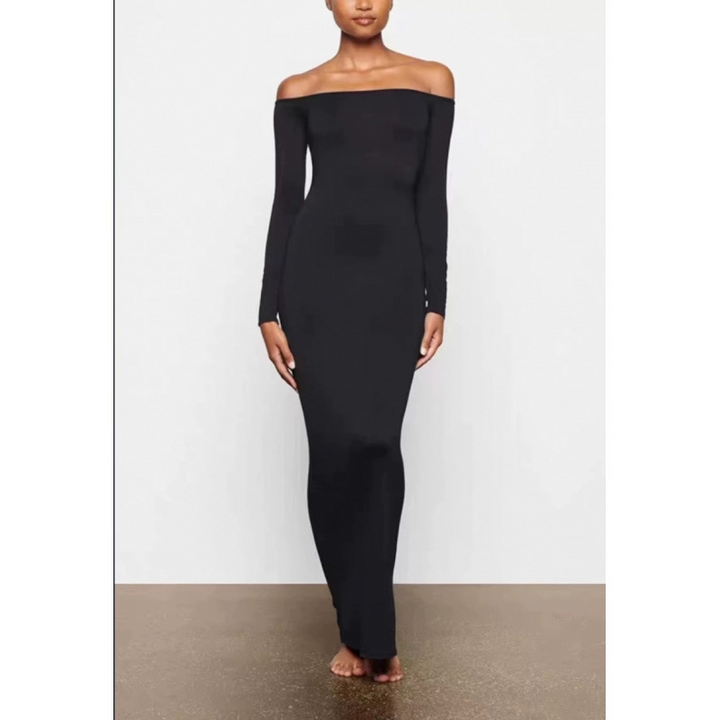 Black SKIMS off-shoulder long-sleeve maxi dress with a slim fit and elegant silhouette.
