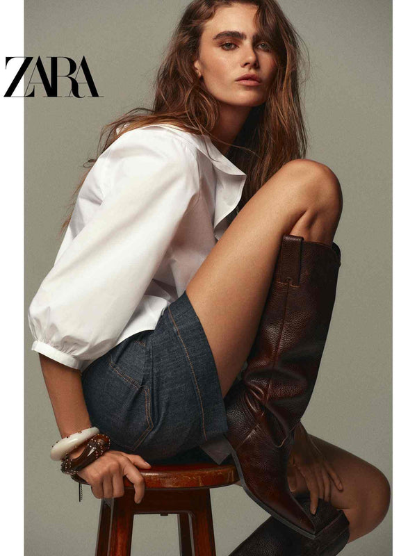 حذاء بوت نسائي من الجلد بنقشة محببة وكعب متوسط مدبب من مجموعة ZARA2025 لخريف النساء