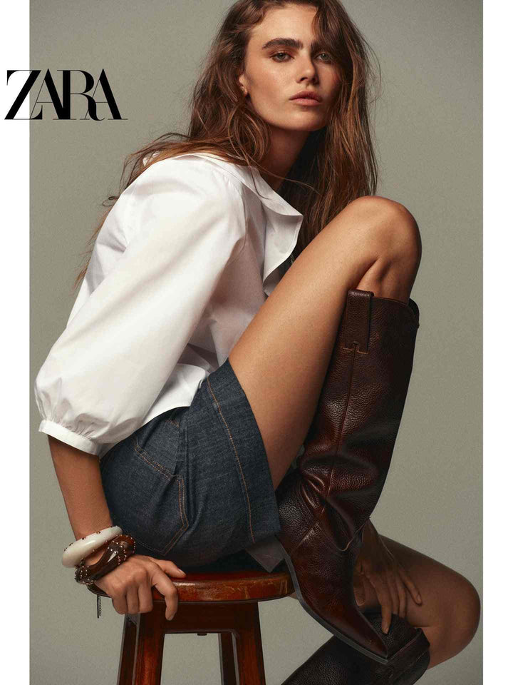 حذاء بوت نسائي من الجلد بنقشة محببة وكعب متوسط مدبب من مجموعة ZARA2025 لخريف النساء