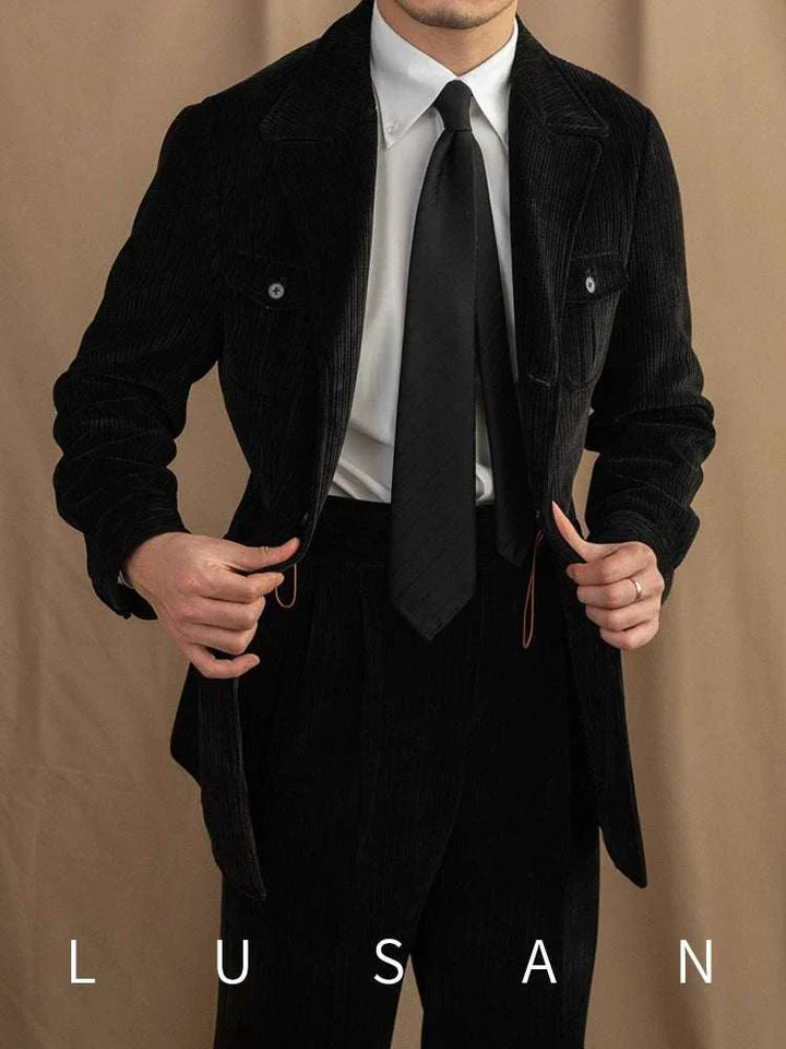 Mr. Lusan Jacket black corduroy slim fit with classic collar and buttoned pockets stylish formal and casual wear