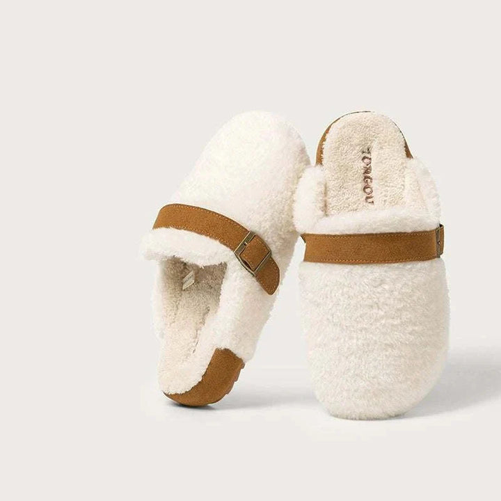 حذاء داخلي ناعم من القطن برباط جلدي قابل للتعديل بنعل مطاطي مقاوم للانزلاق بلون أبيض وبني مريح وأنيق