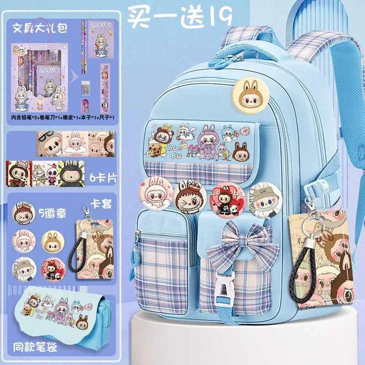 Light blue labubu school bag with cartoon character patches, multiple pockets, plaid accents, matching pencil case, and 91-piece school supplies set display.