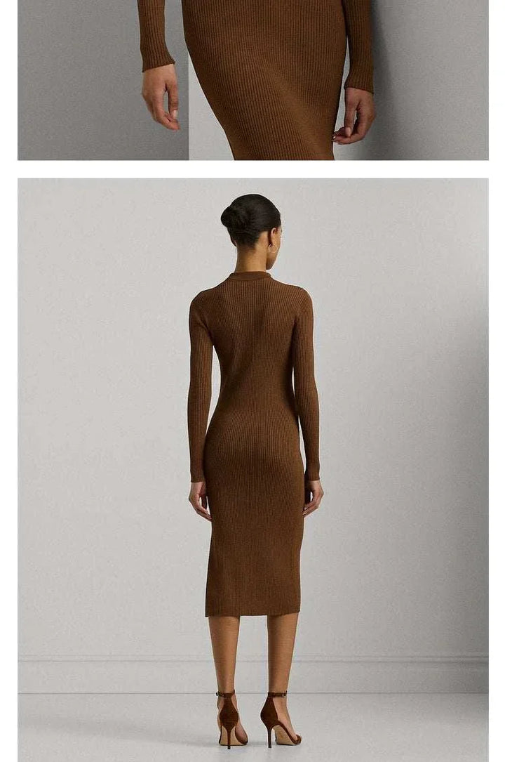 فستان لورين نسائي كلاسيكي بني محبوك بقبة بولو وأزرار أمامية بطول متوسط مع شق جانبي لراحة وأناقة عالية