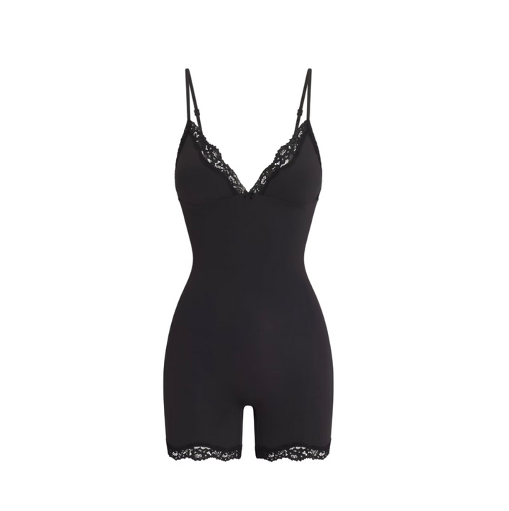 Black short cut lace bodysuit with adjustable straps inspired by SKIMS style, soft stretchy fabric