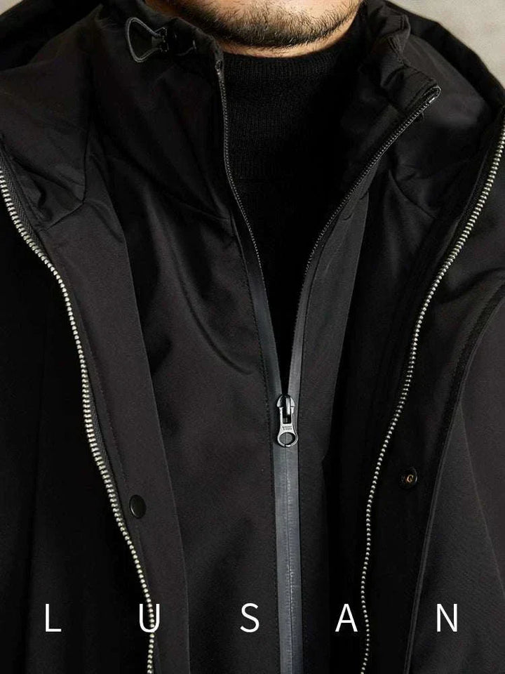 Mr. Lu San's black windproof jacket with dual zipper and matte fabric texture