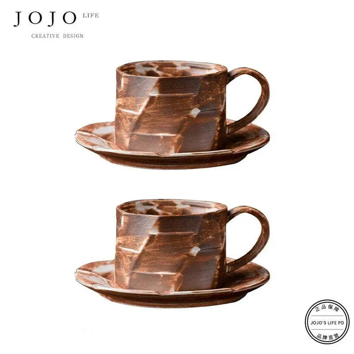 JOJO'S L.PD. East. handmade ceramic coffee cup with saucer, brown earthy tones and glossy gray interior, retro Japanese design