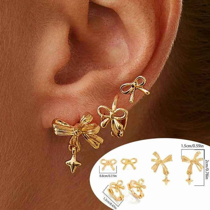 طقم أقراط نسائية صغيرة ذهبية بتصميم زهرة ونجمة وقوس على شكل C بأسلوب أوروبي وأمريكي أنيق وعصري 2025
