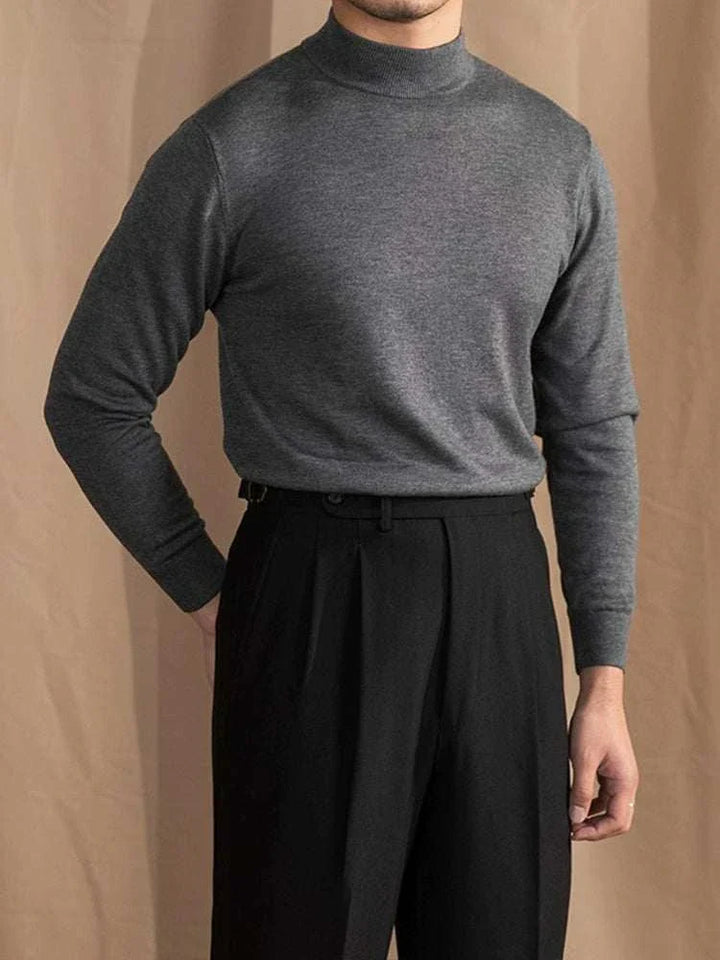 Mr. Lu San's 30% wool half-high neck slim sweater in gray with a classic slim fit and soft texture