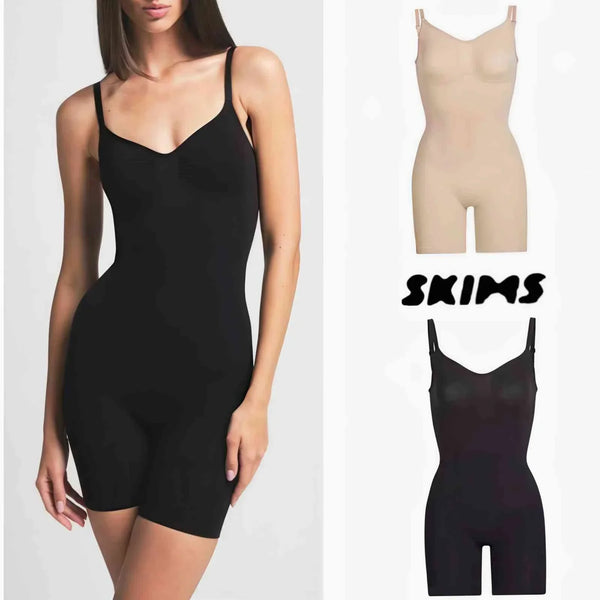Soft shaping bodysuit by SKIMS Kardashian in black and neutral tones, seamless design with adjustable straps for a smooth silhouette