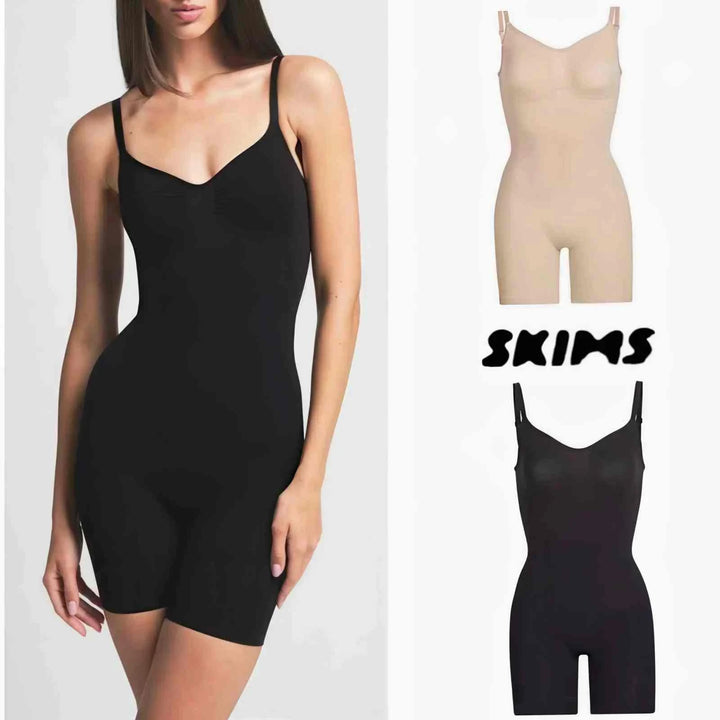 Soft shaping bodysuit by SKIMS Kardashian in black and neutral tones, seamless design with adjustable straps for a smooth silhouette