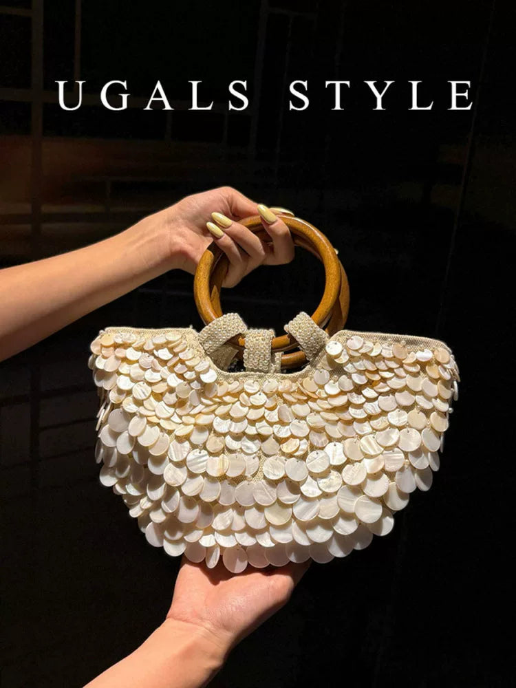 UGALS French vintage handwoven beaded sequined shell cabbage basket ring bucket clutch crossbody bag