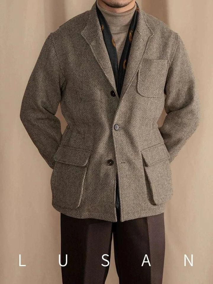 Mr. Lusan jacket vintage beige tweed men's blazer with pockets and buttons, warm and stylish for cold seasons