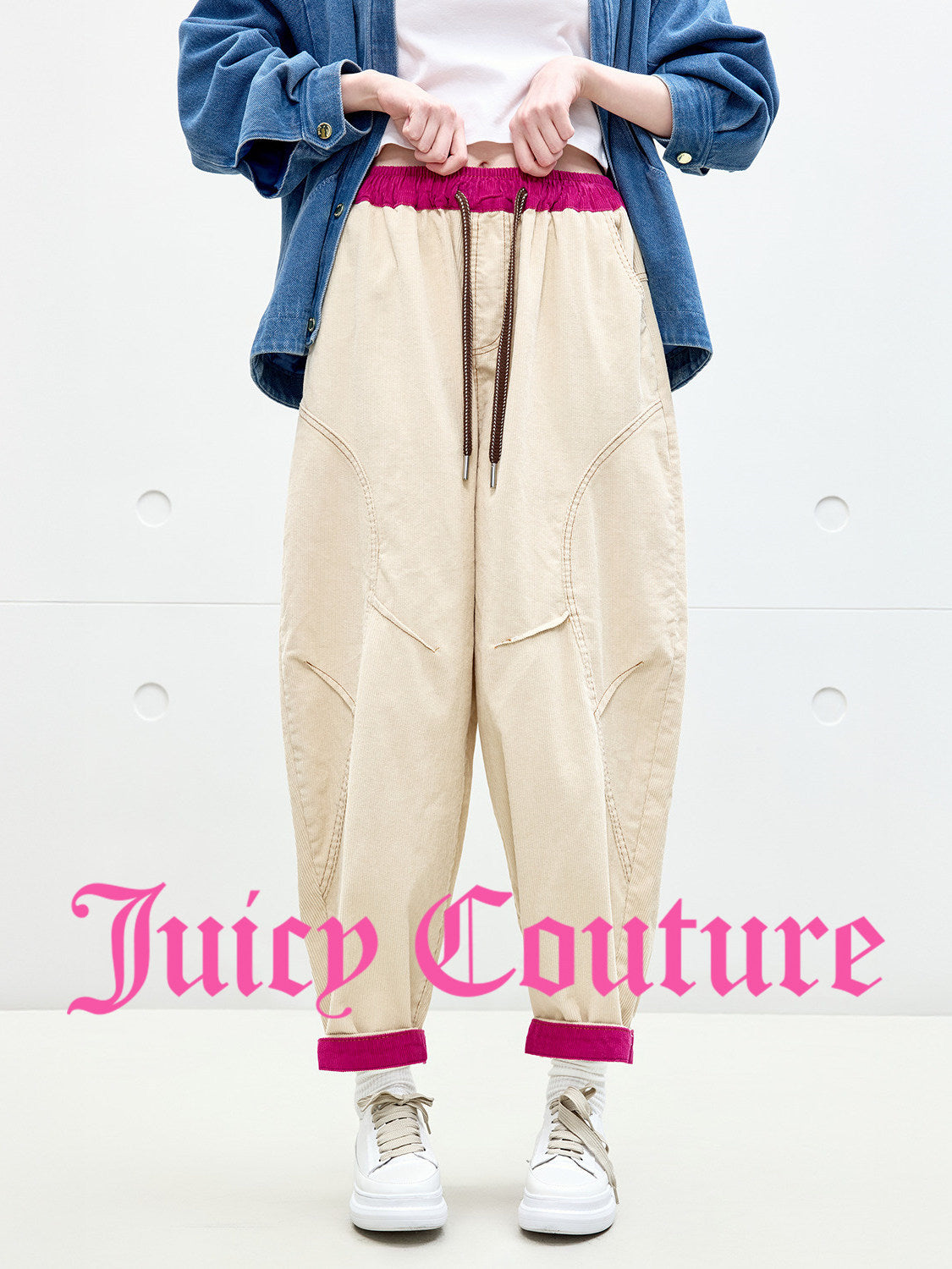 [100% cotton] Juicy Couture Orange Casual Pants for Women, Off-White Color-Blocked Corduroy Jogger Pants