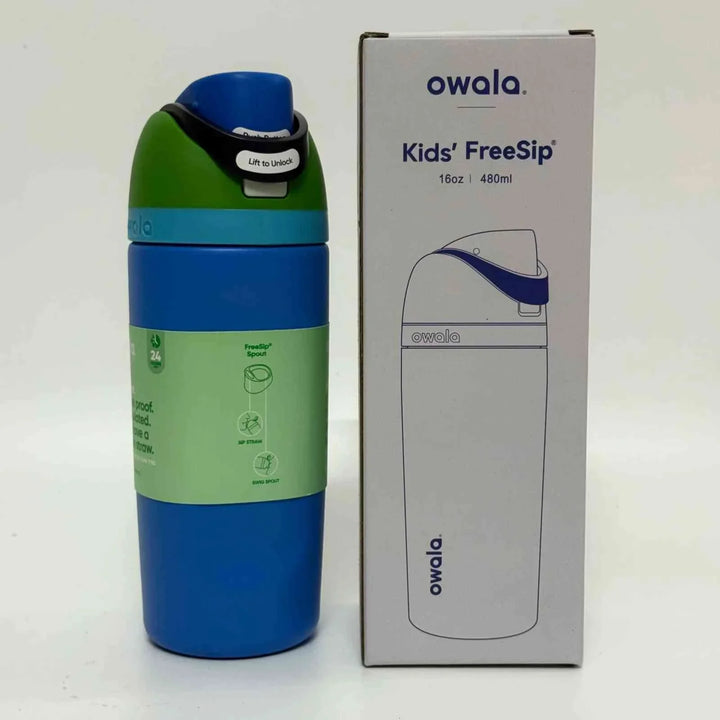 Owala FreeSip kids' water bottle with dual spout, leak-proof design, stainless steel insulation, and BPA-free materials.