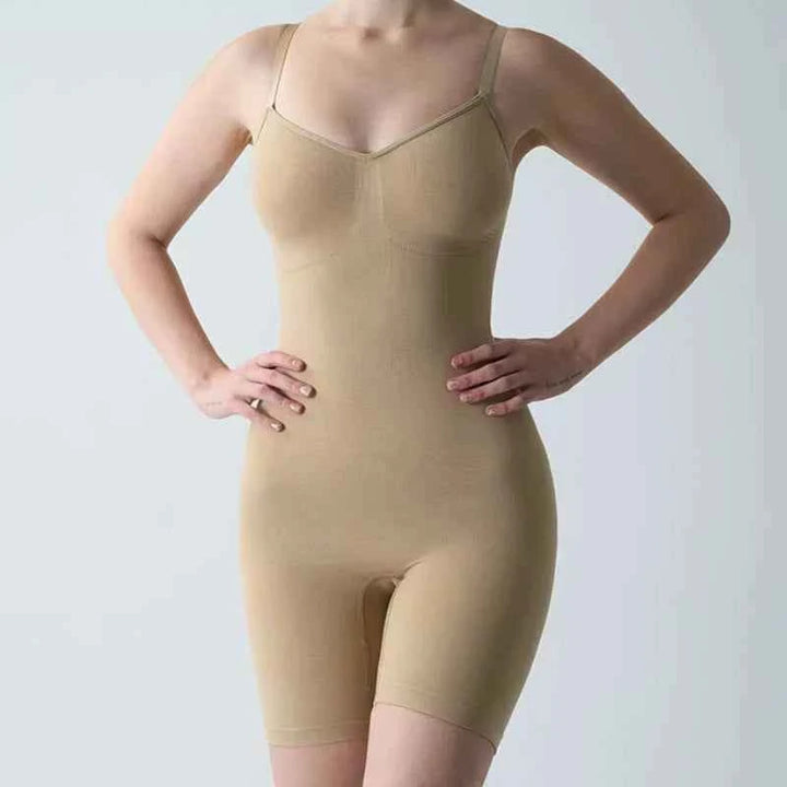 Soft beige seamless shaping bodysuit for a smooth figure and comfortable fit