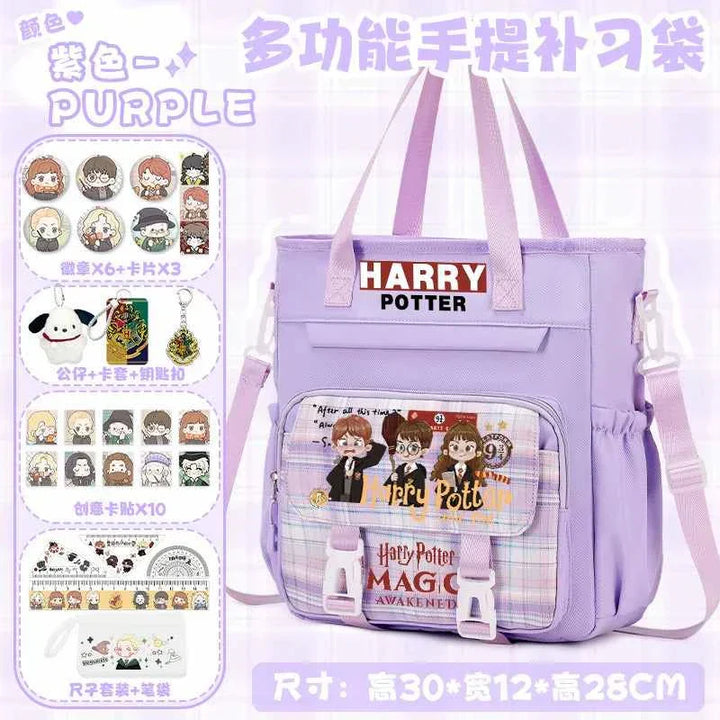 Purple Harry Potter themed multifunctional school backpack with cartoon character design and free 27-piece accessory set including pins, stickers, and stationery.