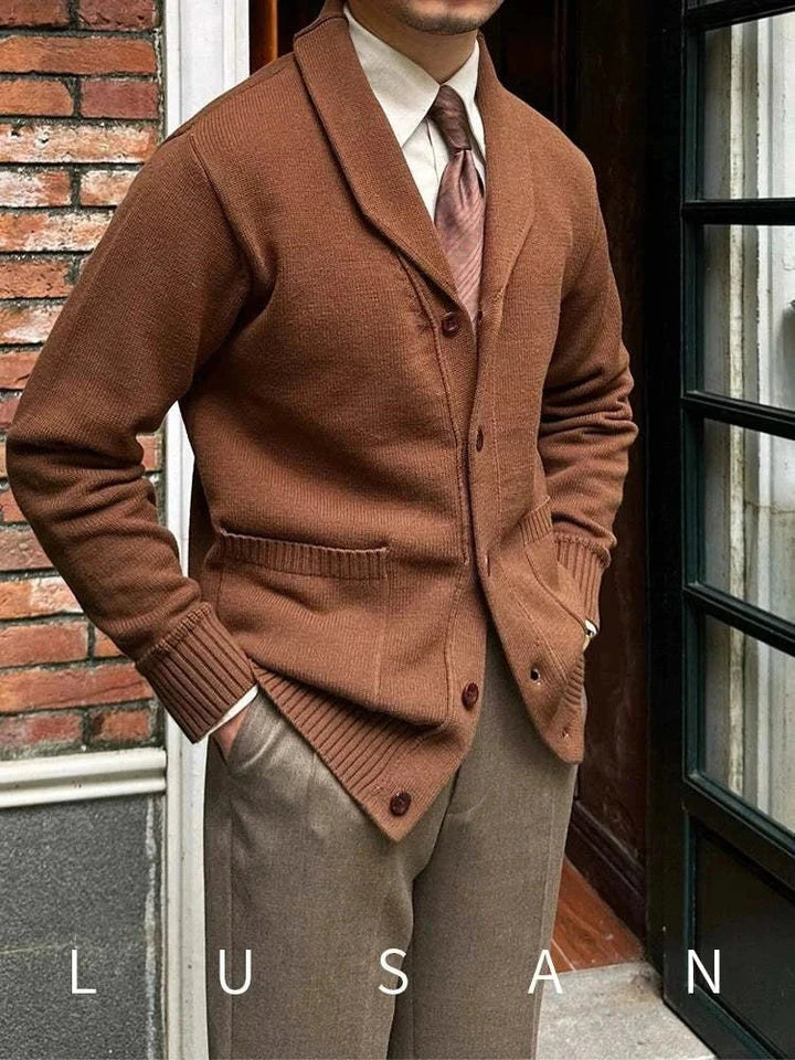 Mr. Lu San Japanese slim casual brown cardigan with shawl collar and ribbed cuffs