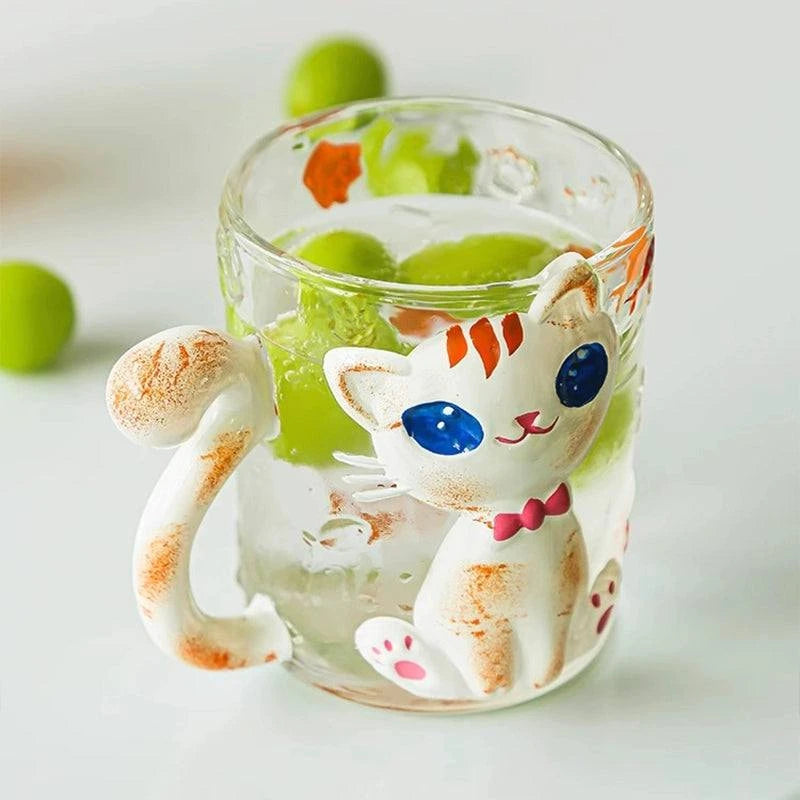 JOJO hand-painted cute cat glass coffee cup.