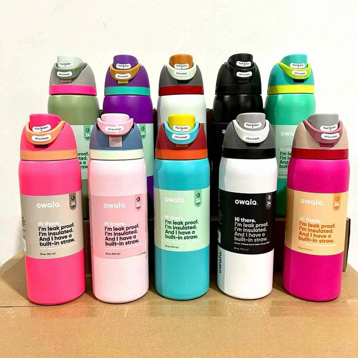 Owala FreeSip stainless steel insulated water bottles with leak-proof design and dual spout for easy drinking in various colors