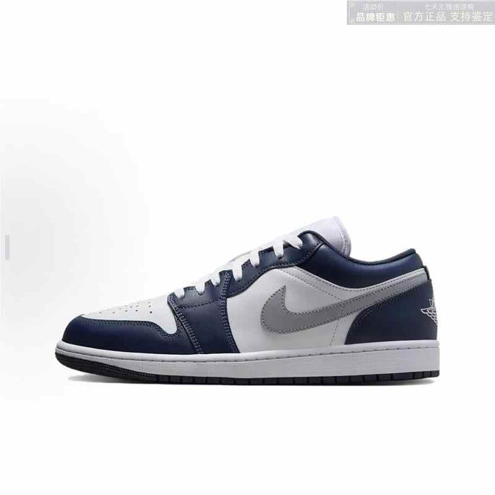 Air Jordan 1 Low sneaker in white, midnight navy, and wolf grey colors.