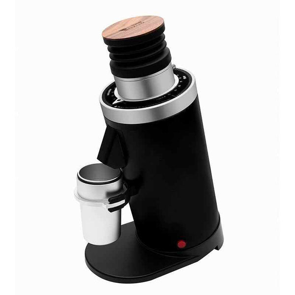 black and silver DF64 coffee grinder with wooden top and stainless steel container for ground coffee