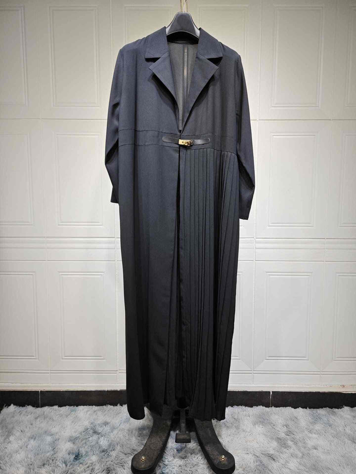 Luxury pleated trench coat with gold buckle, formal long black design, MQ115 fashion.