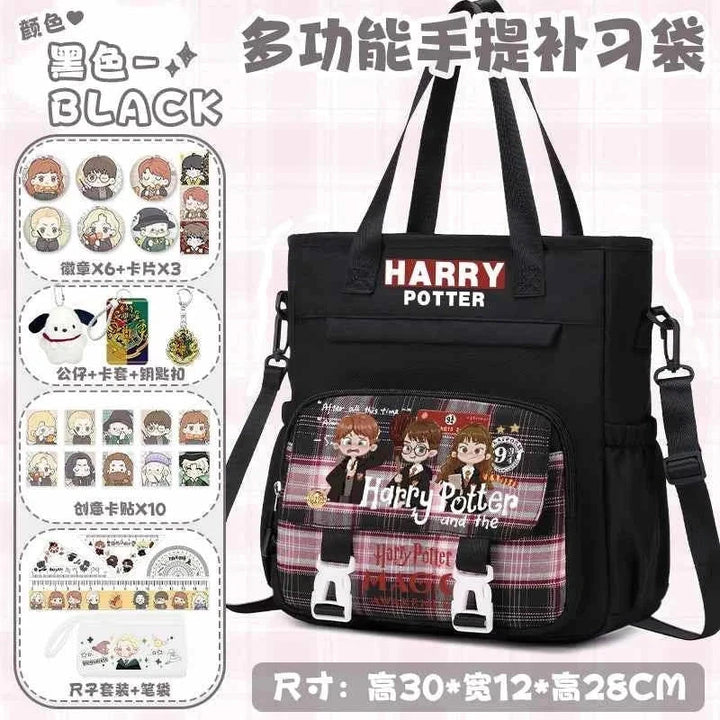 Black Harry Potter school backpack with cartoon character design, multiple pockets, and 27-piece themed accessories set.