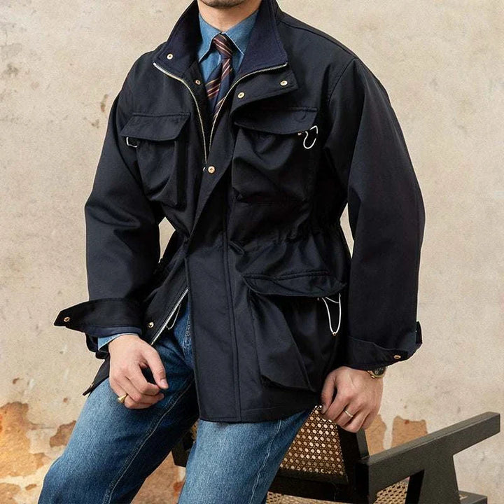 Mr. Lusan Jacket Gentleman Italian waterproof black jacket with metal details and adjustable waist for men